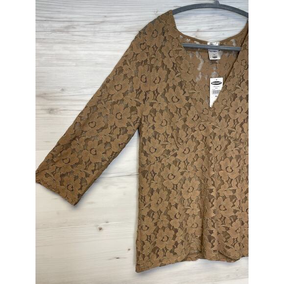 Vintage Old Navy Top Womens‎ XL Brown Lace 3/4 Sleeve V Neck See Through Sheer - Picture 3 of 10